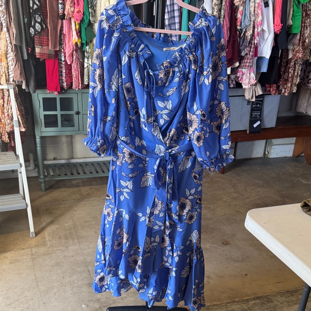 Eliza J Blue Floral Long Sleeve Dress
